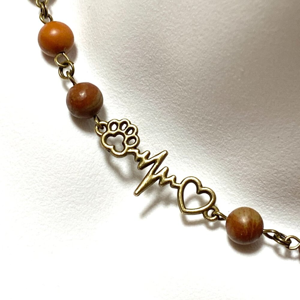 Earthy Polychrome Jasper Necklace,Bronze Paw Print Heart Beat + Genuine Gemstone